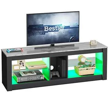 Bestier White Marble TV Stand LED Entertainment Center Gaming TV Stand for 55 Inch TV RGB Television Stand with 2 Adjustable Glass Shelves Xbox PS4 Game Console Cabinet for Living Room