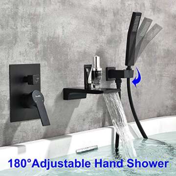 SHAMANDA Waterfall Wall Mounted Bathtub Faucet with Hand Shower, Bathroom Single Handle Tub Faucet Modern Brass Tub Shower Faucet Set(Including Rough-In Valve Body and Trim), Matte Black, L901-7