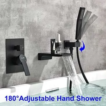 SHAMANDA Waterfall Wall Mounted Bathtub Faucet with Hand Shower, Bathroom Single Handle Tub Faucet Modern Brass Tub Shower Faucet Set(Including Rough-In Valve Body and Trim), Matte Black, L901-7