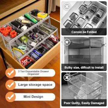 Yeeyuue 3 Tier Drawer Organizer - Expandable Junk Drawer Organizer - Small Drawer Organizer - Multi Level Folding Smart Drawer Organizer for Makeup, Jewelry, Desk, Office Drawers(1 Row 3 Tier-Grey）