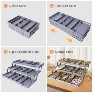 Yeeyuue 3 Tier Drawer Organizer - Expandable Junk Drawer Organizer - Small Drawer Organizer - Multi Level Folding Smart Drawer Organizer for Makeup, Jewelry, Desk, Office Drawers(1 Row 3 Tier-Grey）