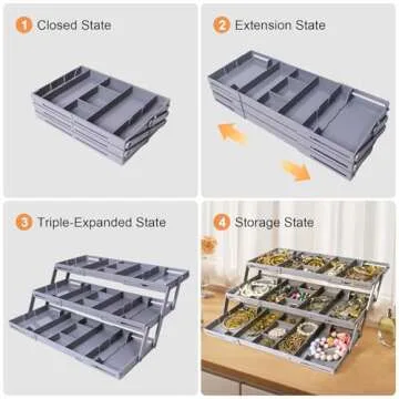 Yeeyuue 3 Tier Drawer Organizer - Expandable Junk Drawer Organizer - Small Drawer Organizer - Multi Level Folding Smart Drawer Organizer for Makeup, Jewelry, Desk, Office Drawers(1 Row 3 Tier-Grey）