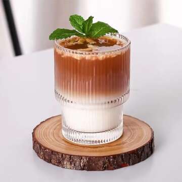 XKXKKE 7 oz Ribbed Drinking Glasses Set of 6, Clear Vintage Iced Coffee Cups Glassware, Highball Gla...