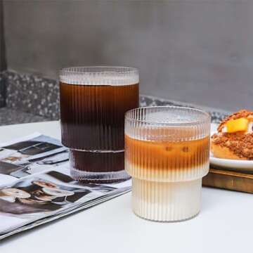 XKXKKE 7 oz Ribbed Drinking Glasses Set of 6, Clear Vintage Iced Coffee Cups Glassware, Highball Glasses Ridged Glass Tumbler for Coocktail, Whiskey, Beer, Water