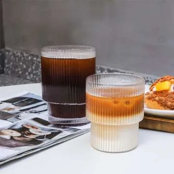 XKXKKE 7 oz Ribbed Drinking Glasses Set of 6, Clear Vintage Iced Coffee Cups Glassware, Highball Glasses Ridged Glass Tumbler for Coocktail, Whiskey, Beer, Water