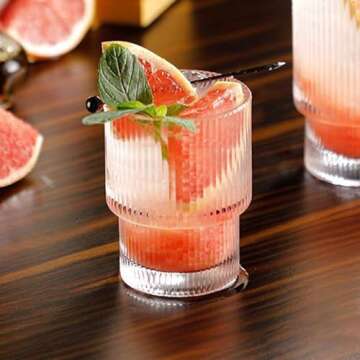 XKXKKE 7 oz Ribbed Drinking Glasses Set of 6, Clear Vintage Iced Coffee Cups Glassware, Highball Glasses Ridged Glass Tumbler for Coocktail, Whiskey, Beer, Water