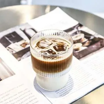 XKXKKE 7 oz Ribbed Drinking Glasses Set of 6, Clear Vintage Iced Coffee Cups Glassware, Highball Glasses Ridged Glass Tumbler for Coocktail, Whiskey, Beer, Water