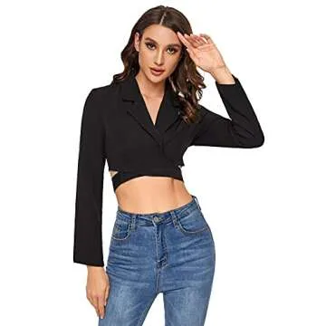 MakeMeChic Women's Lapel Collar Knot Wrap Blazer Crop Top Black M