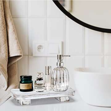 Farmhouse Wood Tray Rustic Wooden Pedestal 12 * 5.5 * 2 inches Decorative Wood Riser for Farmhouse Kitchen Counter Bathroom Room Decor (White)