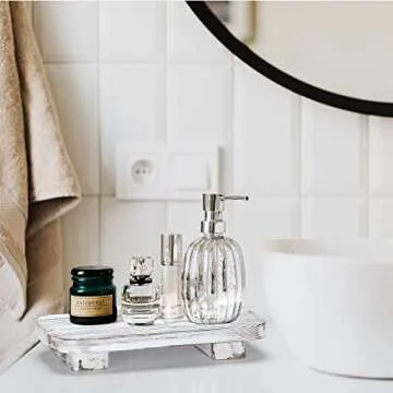 Farmhouse Wood Tray Rustic Wooden Pedestal 12 * 5.5 * 2 inches Decorative Wood Riser for Farmhouse Kitchen Counter Bathroom Room Decor (White)