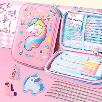 homicozy Pencil Case for Girls,Cute Unicorn Stationary Set for Kids,3D EVA School Large Capacity Pencil Pen Box with Compartment,School Supplies for Girls,Back to School Gifts for Kids,Pink