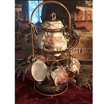 DaGiBayCn 20 Piece European Ceramic Tea Set Coffee set Porcelain Tea SetWith Metal Holder,flower tea set Red Rose Painting,160ML/Cup,460ML/Pot (Large version).