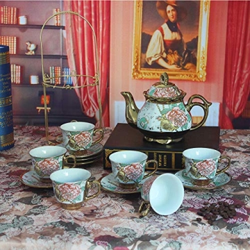 DaGiBayCn 20 Piece European Ceramic Tea Set Coffee set Porcelain Tea SetWith Metal Holder,flower tea set Red Rose Painting,160ML/Cup,460ML/Pot (Large version).