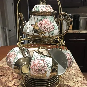 DaGiBayCn 20 Piece European Ceramic Tea Set Coffee set Porcelain Tea SetWith Metal Holder,flower tea set Red Rose Painting,160ML/Cup,460ML/Pot (Large version).