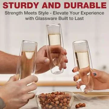 Eparé Stemless Champagne Flutes Glass - Set of 2 Double Wall Mimosa & Champagne Glasses - Lightweight Stemless Prosseco Glasses - 2024 Bridesmaid Champagne Flute for Bridal Shower