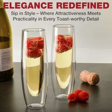 Eparé Stemless Champagne Flutes Glass - Set of 2 Double Wall Mimosa & Champagne Glasses - Lightweight Stemless Prosseco Glasses - 2024 Bridesmaid Champagne Flute for Bridal Shower