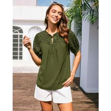 Chic Olive Green Summer Blouse with Embroidery Details