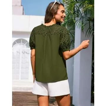 Chic Olive Green Summer Blouse with Embroidery Details