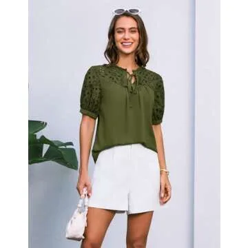 Chic Olive Green Summer Blouse with Embroidery Details