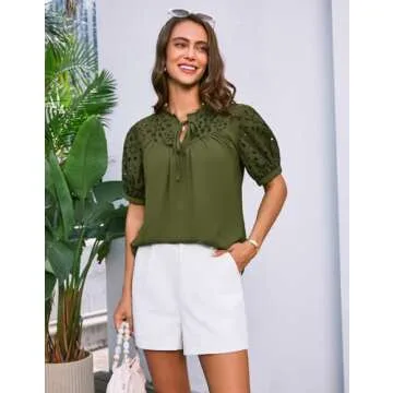 Chic Olive Green Summer Blouse with Embroidery Details