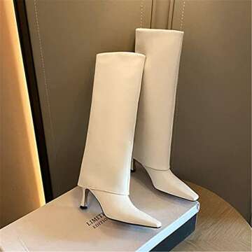 Goolita Women's Stiletto Heel Knee High Boots Square Toe Slip On Fold Over Boots For Women Leather Comfortable Dress Tall Boots