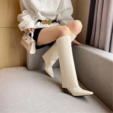 Goolita Women's Stiletto Heel Knee High Boots Square Toe Slip On Fold Over Boots For Women Leather Comfortable Dress Tall Boots