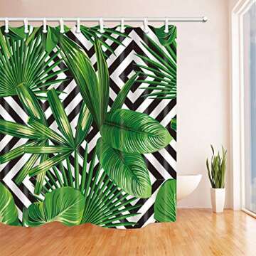 NYMB Abstract Shower Curtain, Jungle Plant Tropical Palm Leaves on The Black White Geometric Bath Curtain, Polyester Fabric Waterproof Shower Curtains, 69X70in, Shower Curtain Hooks Included, Green