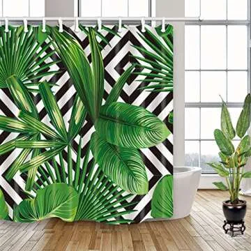 NYMB Abstract Shower Curtain, Jungle Plant Tropical Palm Leaves on The Black White Geometric Bath Curtain, Polyester Fabric Waterproof Shower Curtains, 69X70in, Shower Curtain Hooks Included, Green