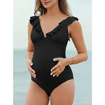 Summer Mae Maternity Swimsuit V-Neck One Piece Swimsuit Ruffled Lace Up Monokini Black S