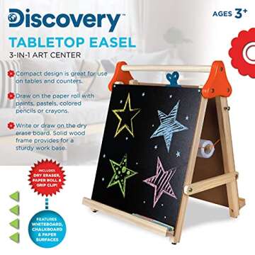 Discovery Kids 3-in-1 Tabletop Dry Erase Chalkboard Painting Art Easel, Includes Paper Roll and Oversized Clip, 17 x 15 Inch Wood Frame, Perfect for Children 3+ | Foldable/Portable for Countertop Play