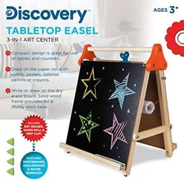 Discovery Kids 3-in-1 Tabletop Dry Erase Chalkboard Painting Art Easel, Includes Paper Roll and Oversized Clip, 17 x 15 Inch Wood Frame, Perfect for Children 3+ | Foldable/Portable for Countertop Play