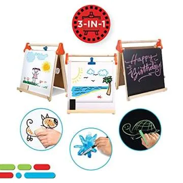 Discovery Kids 3-in-1 Tabletop Dry Erase Chalkboard Painting Art Easel, Includes Paper Roll and Oversized Clip, 17 x 15 Inch Wood Frame, Perfect for Children 3+ | Foldable/Portable for Countertop Play