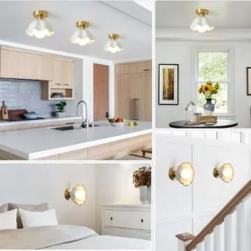 Magiroz Semi Flush Mount Ceiling Light Industrial Modern Close to Ceiling Light Fixture Glass Gold Ceiling Lamps Brushed Brass Hallway Light Fixture for Hallways Dining Room Foyer 3 Pack MCL10B-3
