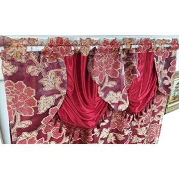 GOHD - Royal ROSARIUM. Clipped Voile. Farmhouse Jacquard Window Curtain with Attached Fancy Valance and Taffeta Backing. 2pcs Set.Each pc 58 inch Wide x 84 inch Drop + 18 inch Valance. (Wine)