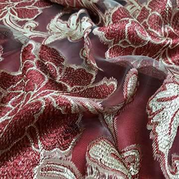 GOHD - Royal ROSARIUM. Clipped Voile. Farmhouse Jacquard Window Curtain with Attached Fancy Valance and Taffeta Backing. 2pcs Set.Each pc 58 inch Wide x 84 inch Drop + 18 inch Valance. (Wine)