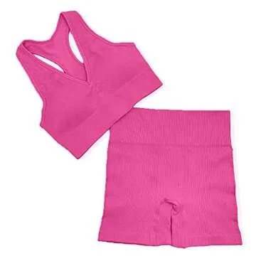 DADAB Workout Sets Two Piece Outfits for Women Clothes Gym Yoga Seamless Racerback Sports Bra Tank Tops with Biker Shorts (1-Hot Pink, Medium)