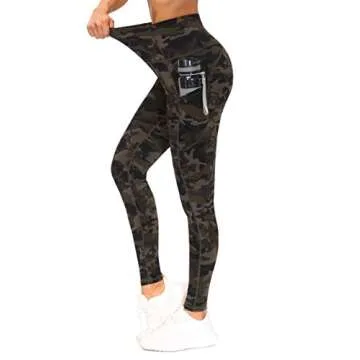 THE GYM PEOPLE Thick High Waist Yoga Pants with Pockets, Tummy Control Workout Running Yoga Leggings for Women (Small, Army Green Camo)