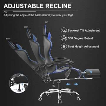 GTPLAYER Gaming Chair, Computer Chair with Footrest and Lumbar Support, Height Adjustable Game Chair with 360°-Swivel Seat and Headrest and for Office or Gaming ((Blue)