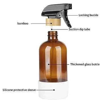 HOMBYS Empty Bamboo Glass Spray Bottles with Silicone Sleeve Protection - Refillable 17 oz Amber Glass Containers for Cleaning Solutions, Essential Oils, Misting Plants - Quality Sprayer - 3 Pack