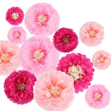 Gejoy 12 Pieces Pink Paper Flowers Tissue Pom Poms Giant Tissue Paper Chrysanth Fiesta Flowers DIY C...