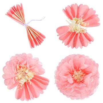 Gejoy 12 Pieces Pink Paper Flowers Tissue Pom Poms Giant Tissue Paper Chrysanth Fiesta Flowers DIY Crafting for Wedding Backdrop Bridal Baby Shower Birthday Nursery Outdoor Wall Decoration