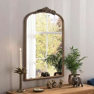 Micasso Traditional Arch Mirror, 31"x 19" Bronze Decorative Mirror with Metal Frame, Wall Mounted Mi...