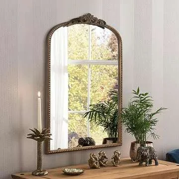 Micasso Traditional Arch Mirror, 31"x 19" Bronze Decorative Mirror with Metal Frame, Wall Mounted Mi...