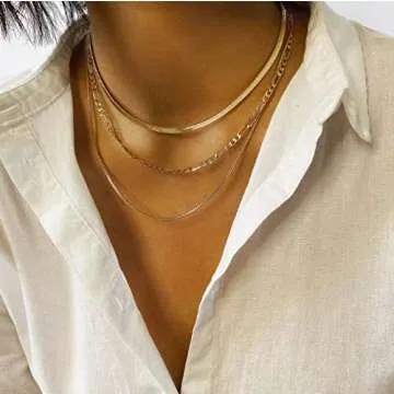CHESKY 14K Gold/Silver Plated Snake Chain Necklace Herringbone Necklace Gold Choker Necklaces for Women Gifts Jewelry 1.5/3/5MM(W) 14"/16"(L) (3layered box/figro/snake)