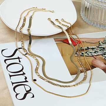 CHESKY 14K Gold/Silver Plated Snake Chain Necklace Herringbone Necklace Gold Choker Necklaces for Women Gifts Jewelry 1.5/3/5MM(W) 14"/16"(L) (3layered box/figro/snake)