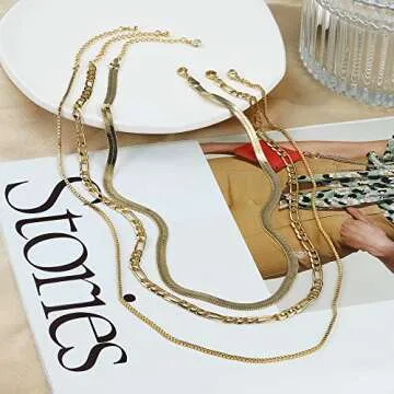 CHESKY 14K Gold/Silver Plated Snake Chain Necklace Herringbone Necklace Gold Choker Necklaces for Women Gifts Jewelry 1.5/3/5MM(W) 14"/16"(L) (3layered box/figro/snake)