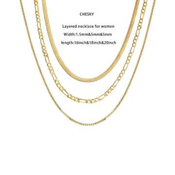CHESKY 14K Gold/Silver Plated Snake Chain Necklace Herringbone Necklace Gold Choker Necklaces for Women Gifts Jewelry 1.5/3/5MM(W) 14"/16"(L) (3layered box/figro/snake)
