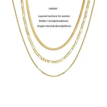 CHESKY 14K Gold/Silver Plated Snake Chain Necklace Herringbone Necklace Gold Choker Necklaces for Women Gifts Jewelry 1.5/3/5MM(W) 14"/16"(L) (3layered box/figro/snake)