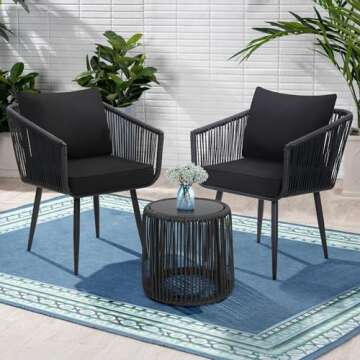 Kromax 3 Piece Patio Rattan Bistro Conversation Set, Outdoor All Weather Wicker Furniture Chairs and...