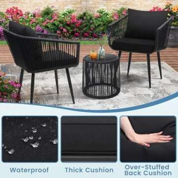 Kromax 3 Piece Patio Rattan Bistro Conversation Set, Outdoor All Weather Wicker Furniture Chairs and Side Table Set, Ideal for Balcony, Porch and Backyard, Black